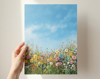 Lámina decorativa de pradera de flores silvestres, pintura al óleo de un colorido campo floral, póster de paisaje con cielo azul para la decoración del hogar, ideal para la sala de estar y el dormitorio.