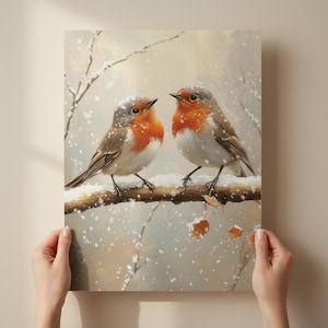 Robin Wall Art Winter Snow Print, Birds on Perch Artwork, Rustic Woodland Nature Decor, Christmas Robin Painting Poster Gift