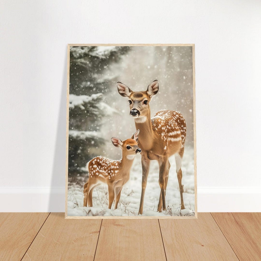 Framed Deer Art Print Snowy Forest Doe Fawn Winter Wall Decor Woodland ...