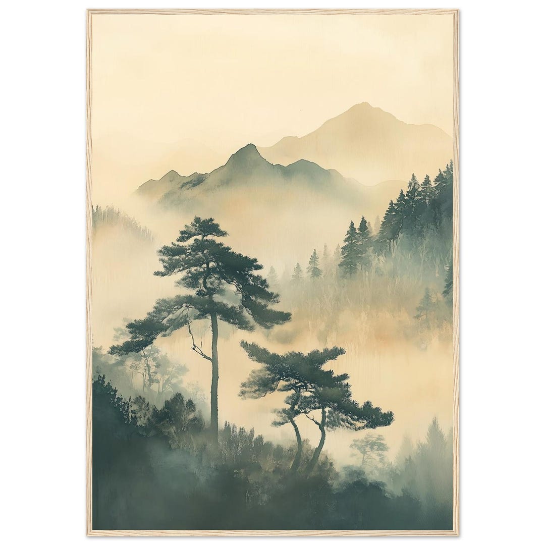 Japanese Landscape Painting Print, Misty Pine Trees Japandi Wall Art ...