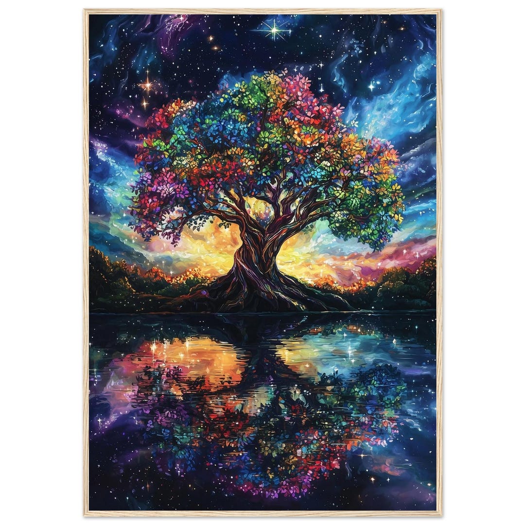 Tree of Life Framed Wall Art Print, Colorful Night Sky Rainbow Tree ...