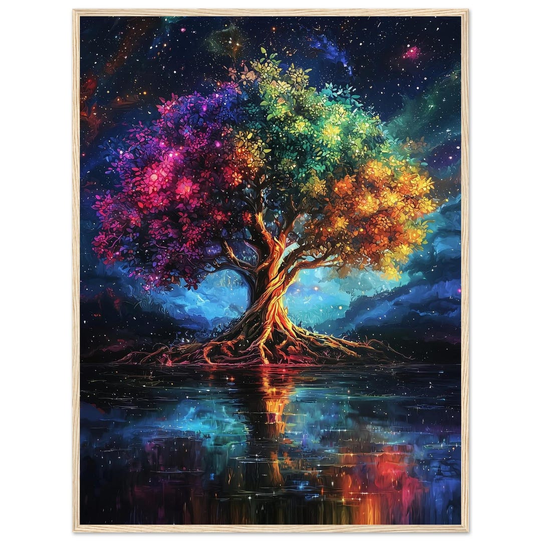 Rainbow Tree of Life Framed Wall Art Print, Blue Red Starry Night ...