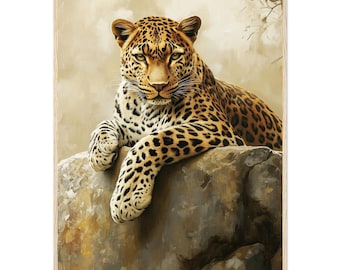 Könnte beinhalten: Ein vertikaler Wandkunstdruck mit einem detaillierten Gemälde eines Leoparden mit goldbraunem Fell und schwarzen Rosetten. Der Leopard ruht seine Vorderpfoten auf dem Rand eines großen, strukturierten grauen Felsens und blickt direkt nach vorne.