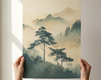 Japanese Landscape Painting Print, Misty Pine Tree Japandi Wall Art, Vintage Japanese Forest Poster, Zen Wall Art for Calm Living Rooms