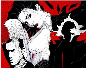 May include: A framed black and white illustration with a red background. The illustration features a woman with long dark hair, a man with a lion, and a man in a suit. The woman is wearing a black dress and has a dramatic expression on her face. The man with the lion is wearing a white shirt and a black jacket. The man in the suit is wearing a black suit and has a serious expression on his face.