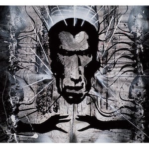 Saturn - Gothic Modern Print, fantastische Kunst, faszinierender Kunstdruck, Tech Head, Traumwelt, geheimnisvolle Kunst, schwarz-weiß Kunst, elektrische Kunst