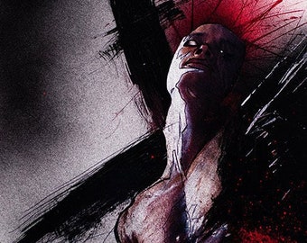 May include: A digital painting of a person with a bloody crown of thorns, looking up at a black cross. The background is a dark gray with a white circle in the lower left corner.