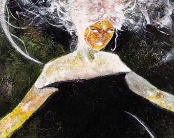 May include: Abstract painting of a figure with a golden face and white hair. The figure is wearing a black garment, with arms outstretched. The background is dark green and black, with white swirling lines.
