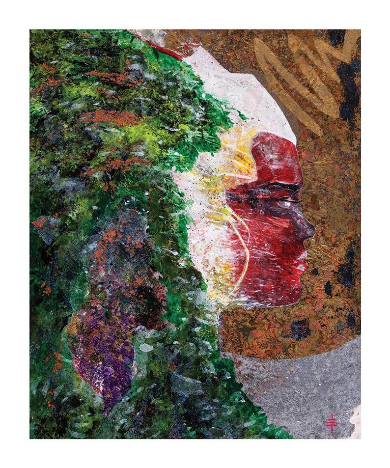 May include: Abstract painting featuring a profile of a person with a red face and white headdress. The artwork incorporates green, yellow, and purple brushstrokes, set against a textured, brown and gold background. The style is reminiscent of mixed media.