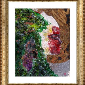 May include: Abstract art print in a gold frame. The artwork features a profile of a face in shades of red, white, and yellow, with a green and purple textured area on the left. The background is a mix of brown and gray.