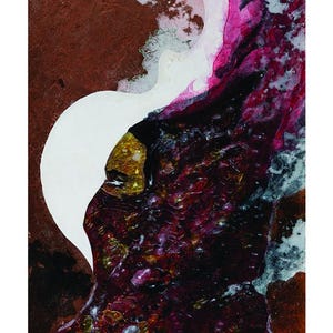 May include: Abstract art print featuring a white, curved shape against a textured brown background. The artwork incorporates deep reds, purples, and touches of gold and white, creating a dynamic and colorful composition.