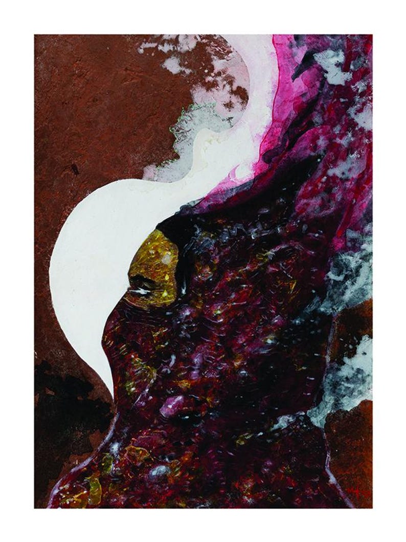 May include: Abstract art print featuring a white, curved shape against a textured brown background. The artwork incorporates deep reds, purples, and touches of gold and white, creating a dynamic and colorful composition.