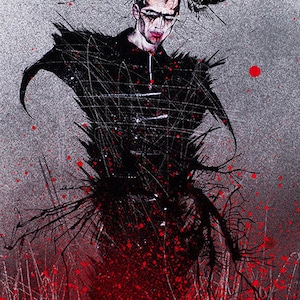 May include: A black and white illustration of a person with horns and a black outfit, standing in a field of red and white splatter paint.
