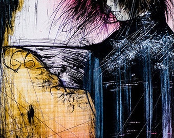 May include: A black and white abstract painting with a figure in the foreground. The figure has long, dark hair and is wearing a black garment. The background is a mix of pink, yellow, and red.