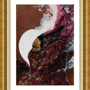 May include: Abstract painting in a gold frame. The artwork features a white, curved shape against a brown background, with a textured, dark red and gold section on the right. The frame is ornate.