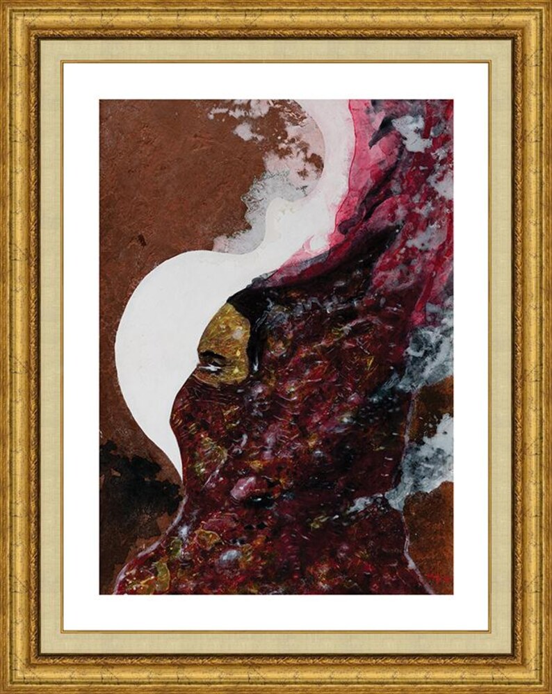 May include: Abstract painting in a gold frame. The artwork features a white, curved shape against a brown background, with a textured, dark red and gold section on the right. The frame is ornate.