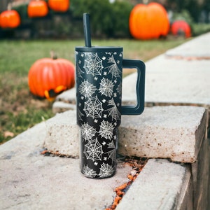 Halloween Spiders and Spiderwebs 40oz Engraved Tumbler SVG, Laser Engraved, Digital Download, Tumbler Wrap Laser Webs Seamless