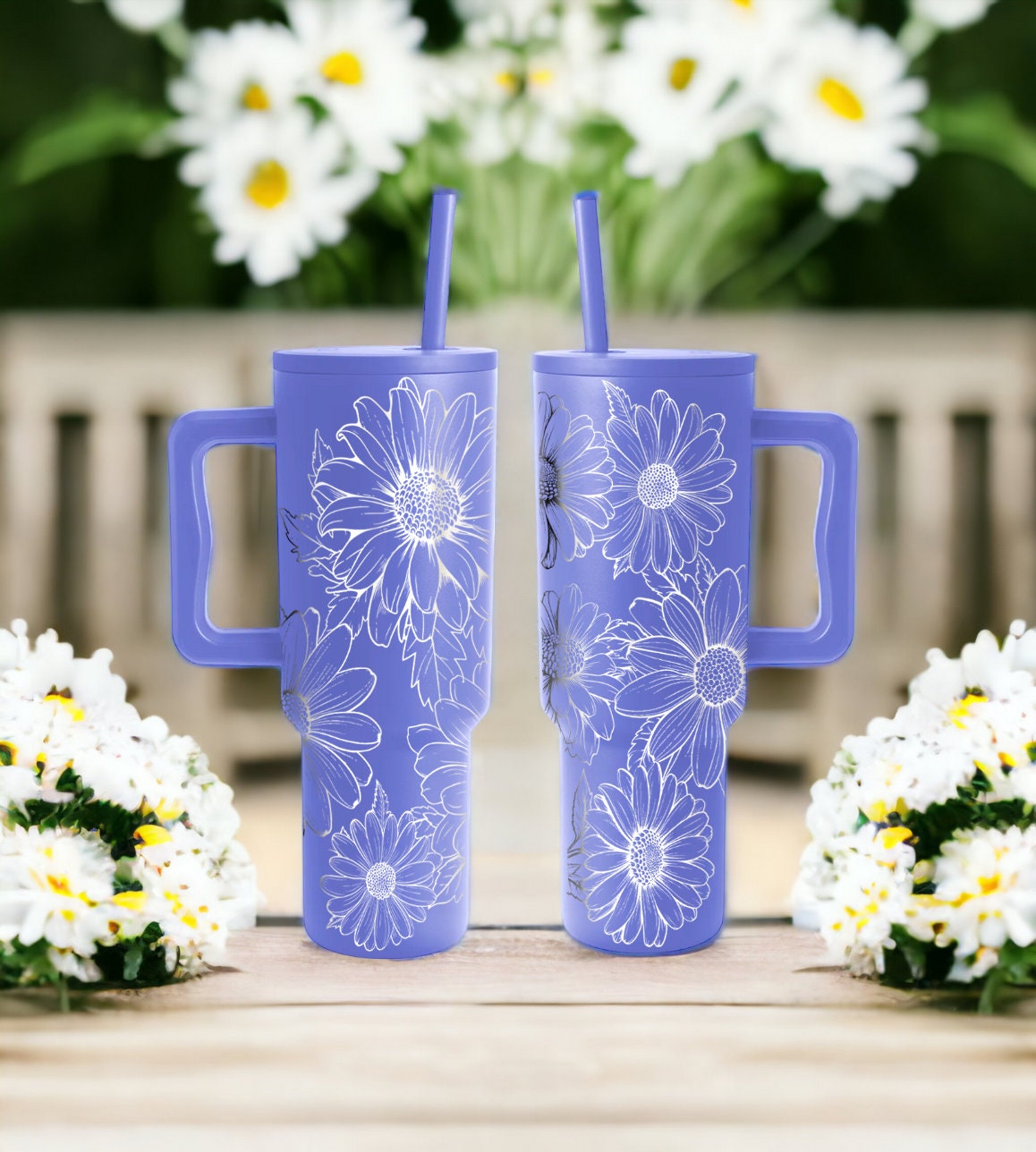 Engraved Daisies Pattern 40 Oz Stainless Steel Powder Coated