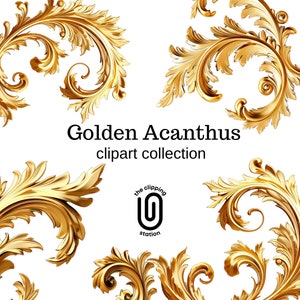 Gouden Acanthus bladeren clipart collectie, PNG, commerciële licentie voor stationair, sublimatie, UV-printen, gouden Acanthus blad