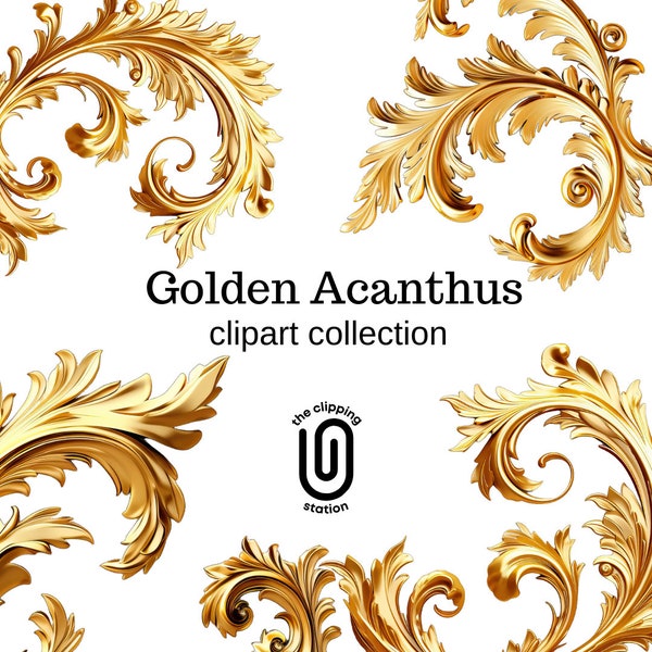 Golden Acanthus Leaves Clipart Collection, PNG, Commercial License for Stationary, Sublimation, UV Printing, Gold Acanthus Leaf