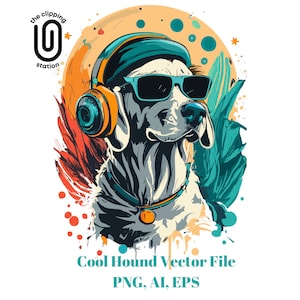 Cooler Jagdhund mit Kopfhörern Vektorgrafik PNG, AI, EPS Clipart-Datei für T-Shirt Bunter Musikhund