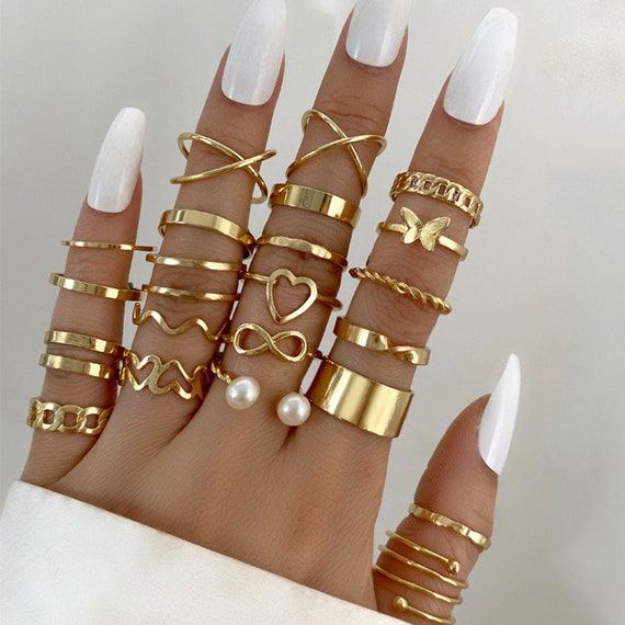 Rings Set for Women Dainty Vintage Cross Pearl Gold Butterfly