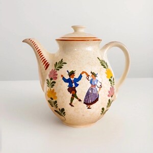 Vintage Folk Art Teapot, Dancing Couple Ceramic Kitchen Decor