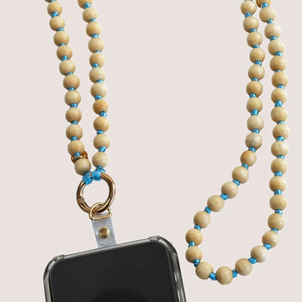 Elevate your phone style with Fiona Lucia's crossbody natural wood bead strap, chain, lanyard, tether  - keeps your phone close and safe!