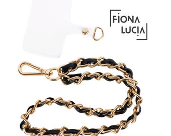 Gold Chain Phone Wristlet – Black Leather Phone Strap, iPhone Lanyard, Hands-Free Phone Holder, Stylish Phone Accessory