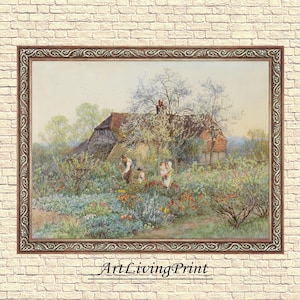 Puede incluir: Una impresión enmarcada de una escena pastoral con una casa de campo con tejado de tejas rojas, rodeada de exuberante vegetación y plantas con flores. Hay figuras en el jardín. El marco tiene un borde ornamentado. El texto "ArtLivingPrint" está en la parte inferior.