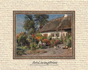 Cottage Garden with Chickens - Peder Monsted , Original antique painting , vintage Printable fine art instant download , SKU 336PM