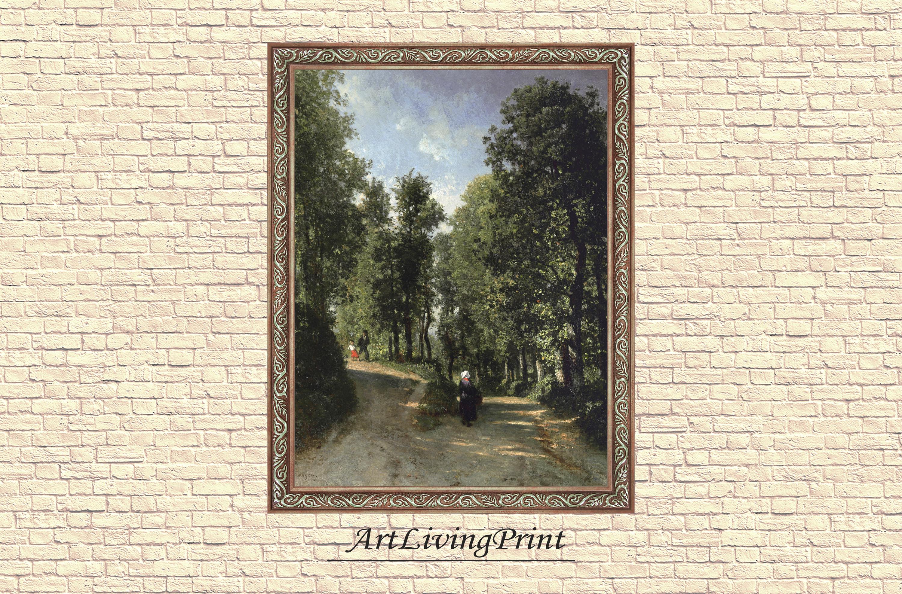 Constant Troyon - Road in Woods , Rustic landscape original antique painting , oil vintage Printable fine art instant download , SKU  K-CT53