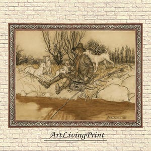 Op de afbeelding: Sepia-getinte ingelijste prent die een man toont die vist met drie honden. De man zit bij een rivier, met de honden om hem heen. Het kunstwerk heeft een vintage uitstraling, met fijne details en een naturalistische stijl. De tekst "ArtLivingPrint" staat onderaan.