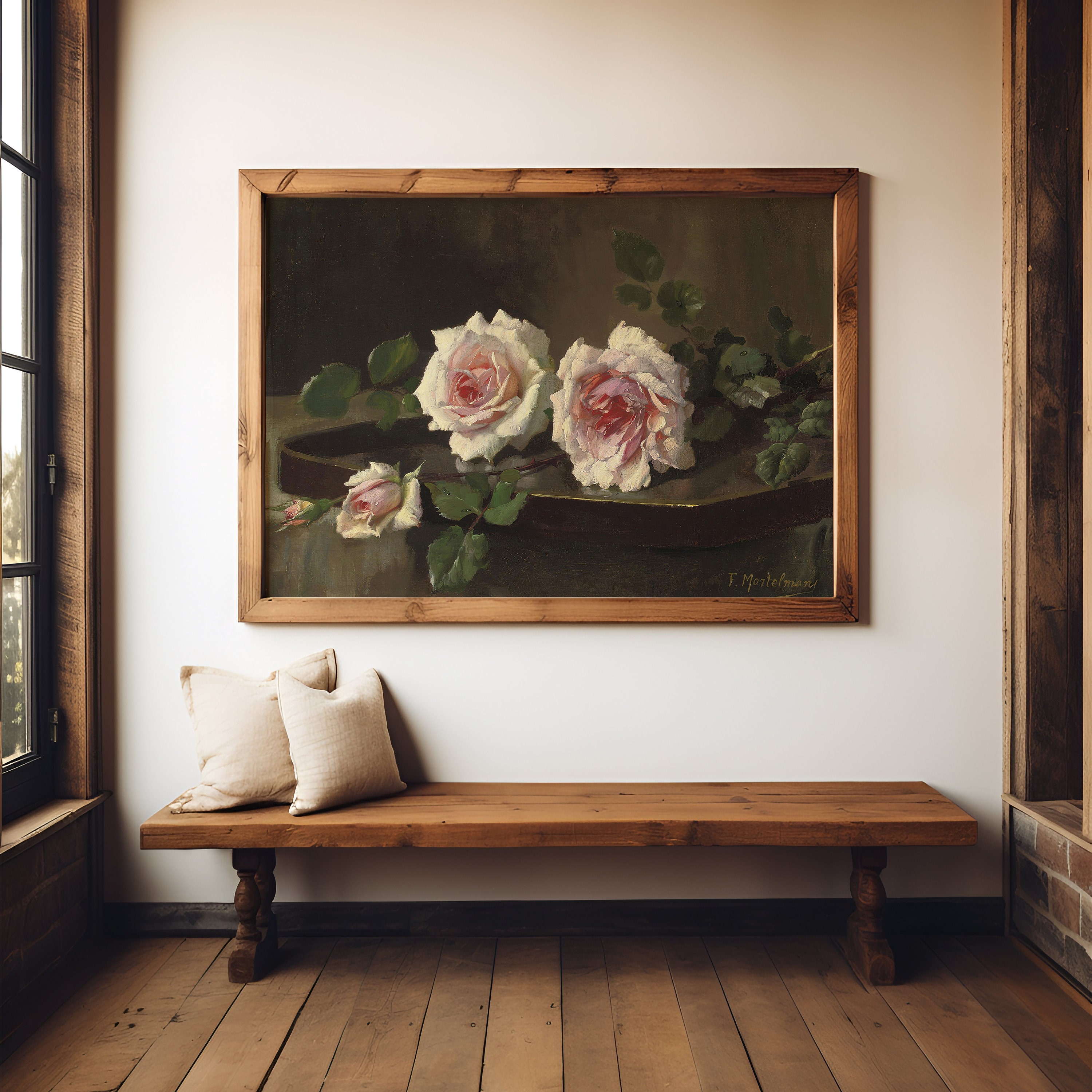 Frans Mortelmans - Pink Roses Still Life Flowers , Original Antique ...