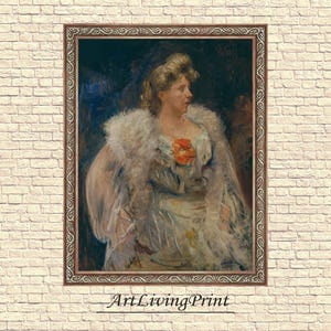May include: A painting of a woman wearing a white fur stole and a white dress with a red flower on her chest. The painting is framed in a dark wood frame.