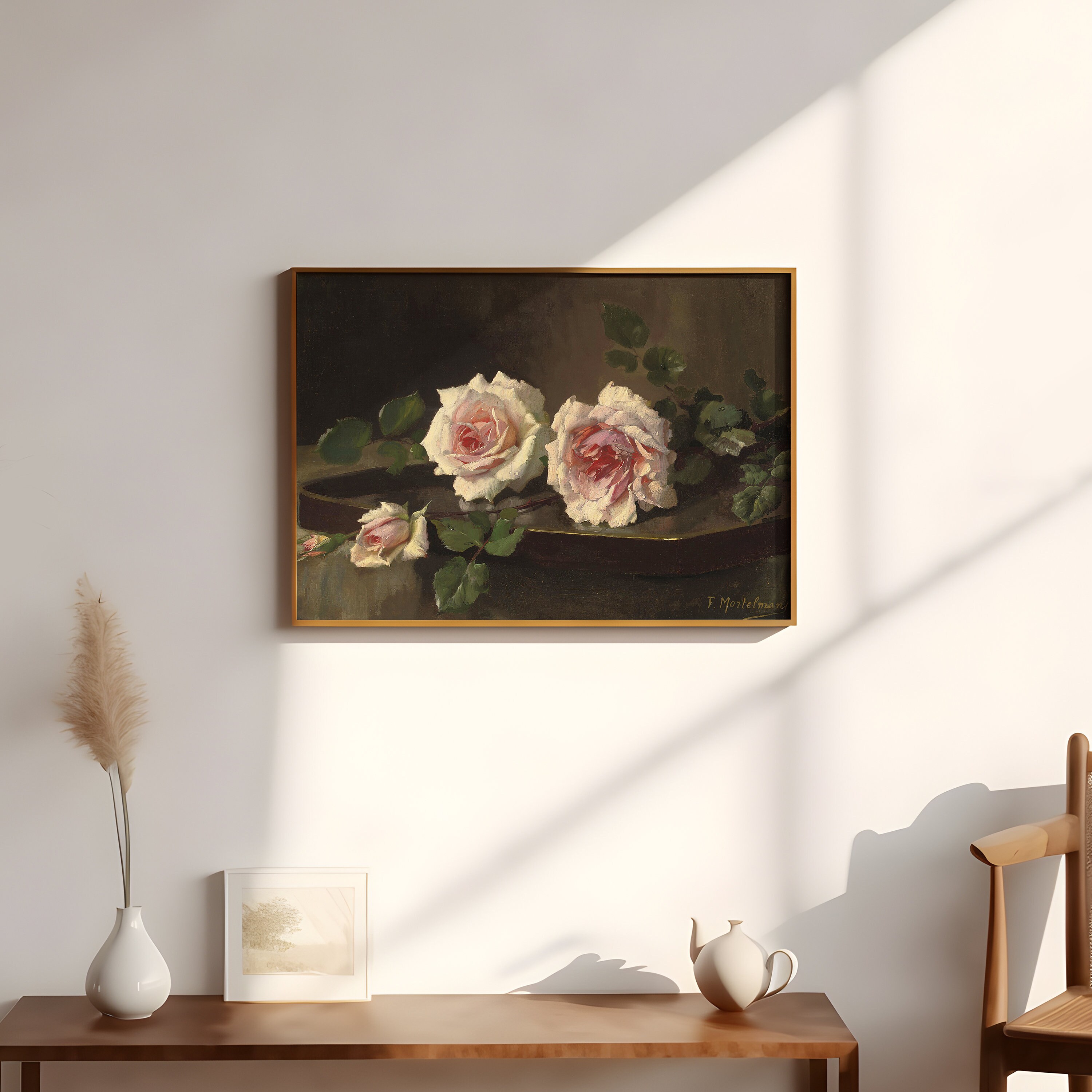 Frans Mortelmans - Pink Roses Still Life Flowers , Original Antique ...