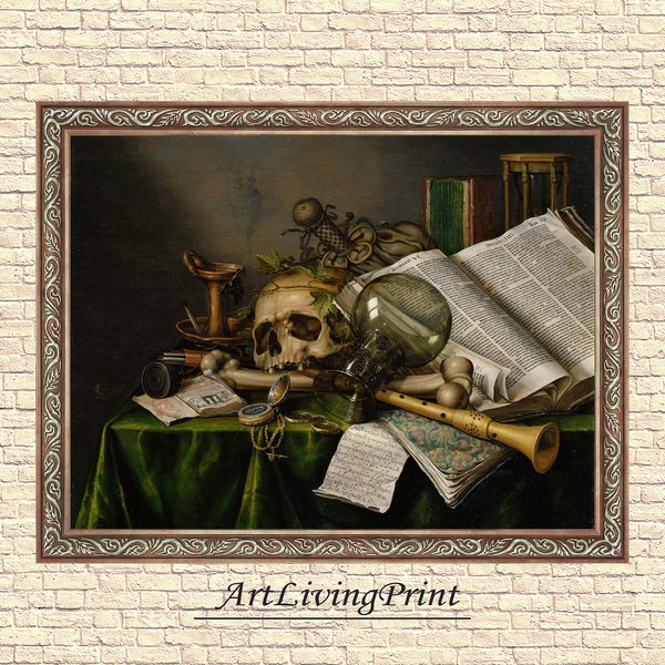 Vanitas Still Life, Books, Manuscripts and Skull - Edwaert Collier, original antique fine art  vintage, Printable art  instant download