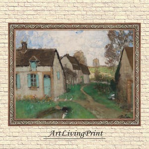 May include: A painting of a quaint village scene with several houses in a row, surrounded by lush greenery and a winding path. The houses are painted in soft pastel colors, with white trim and blue shutters. The sky is a light blue with fluffy white clouds. The painting is framed in a brown wooden frame with a decorative border.