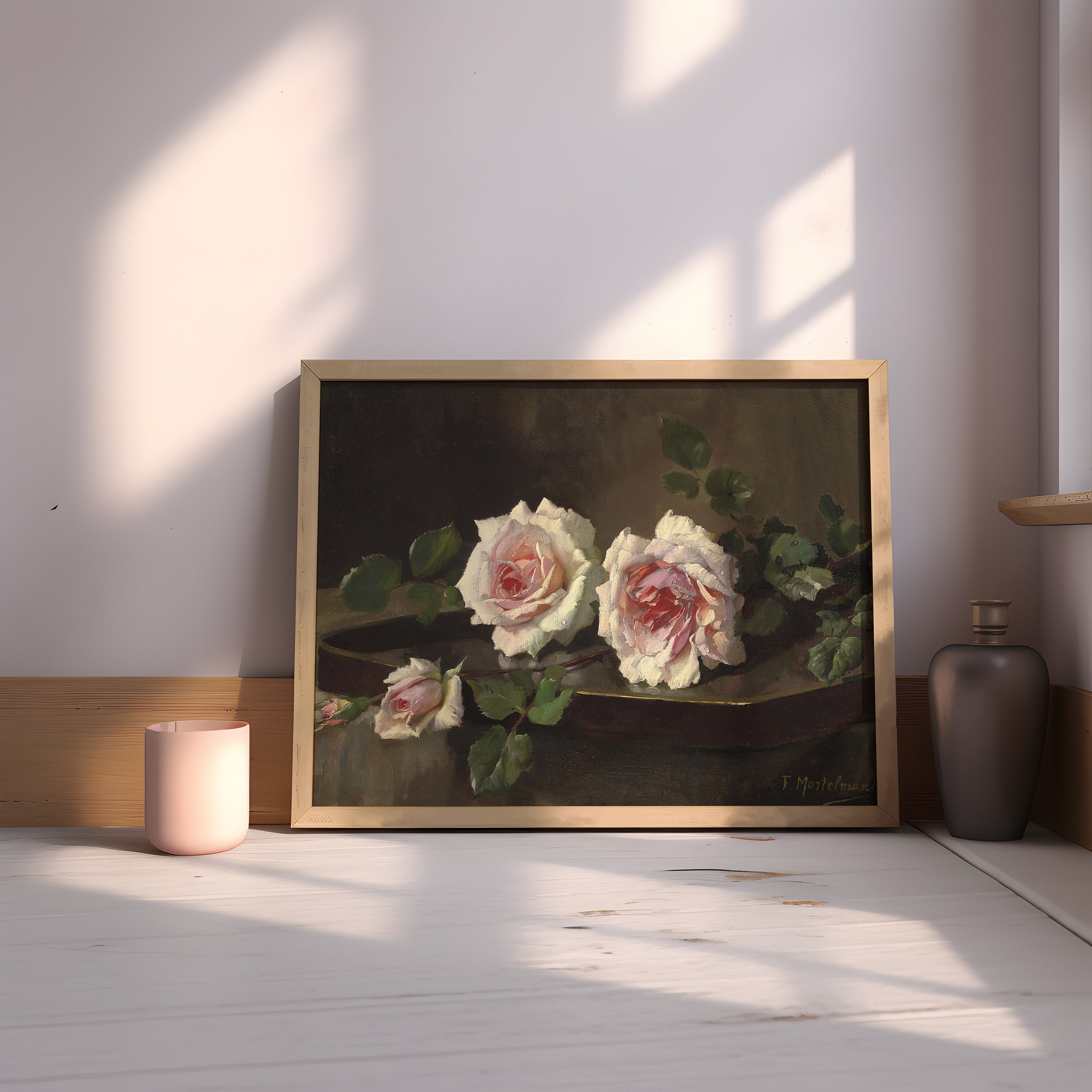 Frans Mortelmans - Pink Roses Still Life Flowers , Original Antique ...