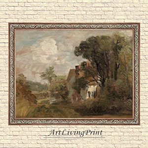 May include: A framed landscape painting featuring a rural scene with a house, trees, and a cloudy sky. The artwork has a vintage aesthetic, with a brown ornate frame. The text "ArtLivingPrint" is at the bottom.