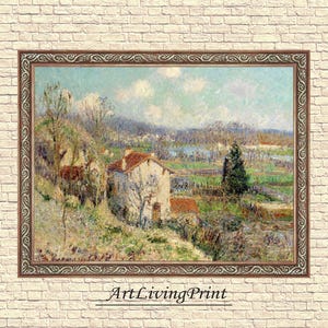May include: A framed landscape painting depicting a rural scene with a house, trees, and a body of water. The artwork features a brown ornate frame and the text "ArtLivingPrint" at the bottom.