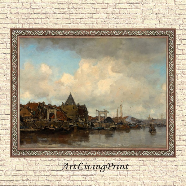 Jacob Maris - Boats, River Landscape, Original vintage painting, Printable fine art  instant download