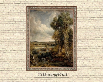 John Constable - Vale of Dedham , Rustic landscape original antique painting , oil vintage Printable fine art instant download , SKU JC115