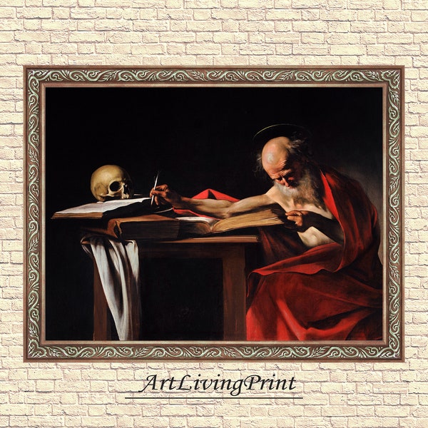 Original Antique 0il Painting  Vintage, Saint Jerome  - Caravaggio, original antique oil painting  vintage, Printable art  instant download