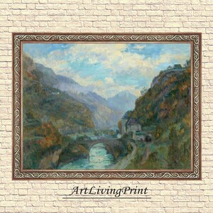 Puede incluir: Una pintura de paisaje enmarcada que representa un valle de montaña con un río y un puente. La obra de arte presenta un puente sobre un río, edificios y montañas bajo un cielo nublado. La pintura tiene un marco ornamental marrón y el texto "ArtLivingPrint" en la parte inferior.