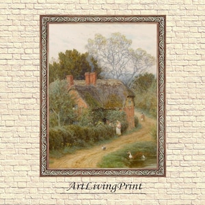 Puede incluir: Pintura de acuarela enmarcada que representa una pintoresca cabaña con techo de paja, rodeada de exuberante vegetación y un camino de tierra. La obra presenta colores suaves, un paisaje sereno y el texto "ArtLivingPrint" en la parte inferior.