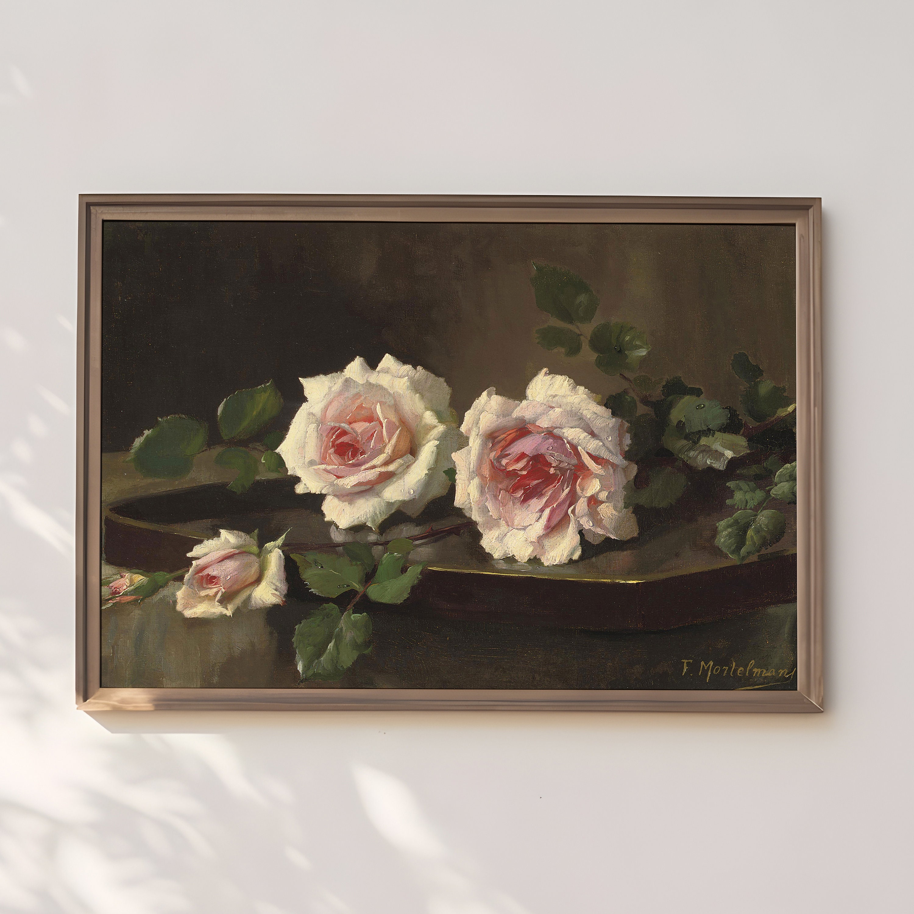 Frans Mortelmans - Pink Roses Still Life Flowers , Original Antique ...