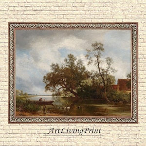 Puede incluir: Una pintura de paisaje enmarcada representa una serena escena fluvial con un bote, árboles y un cielo nublado. La obra de arte presenta un marco ornamental marrón y el texto "ArtLivingPrint" en la parte inferior.
