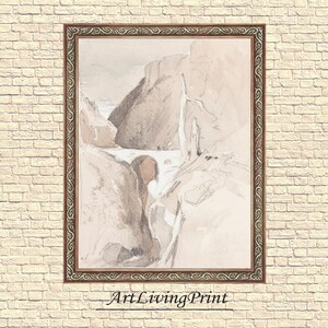 Puede incluir: Una impresión en acuarela enmarcada que representa un paisaje con grandes formaciones rocosas de color claro. La obra de arte está en un marco marrón ornamentado. La impresión está montada en una pared de ladrillos de color claro. El texto "ArtLivingPrint" está en la parte inferior.