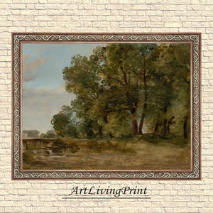 Puede incluir: Pintura de paisaje enmarcada con árboles y agua. La obra de arte tiene un marco marrón ornamentado y una paleta de colores apagados de verdes, marrones y azules. El texto "ArtLivingPrint" está en la parte inferior.